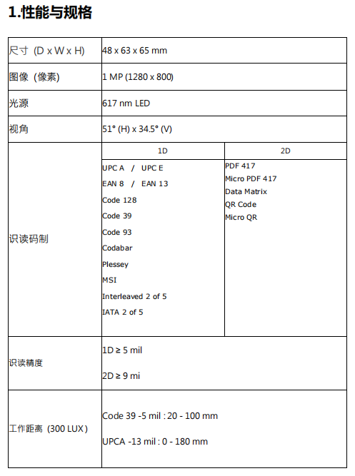 MX-52二维扫描模块性能参数