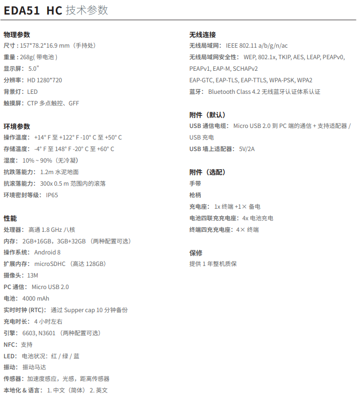 霍尼韦尔EDA51 HC详细参数